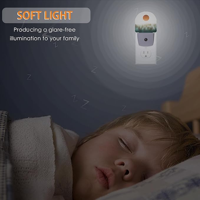 Misty Forest Sun Night Light,Landscape Night Lights Plug into Wall with Dusk to Dawn Sensor,Lamp for Bedroom Bathroom Hallway Nightlight for Women Girls