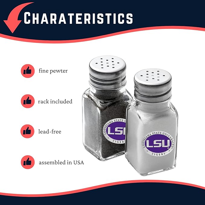 Heritage Pewter LSU Louisianna State University Salt and Pepper Shaker Set of 2 Bottles | Expertly Crafted Pewter Glass
