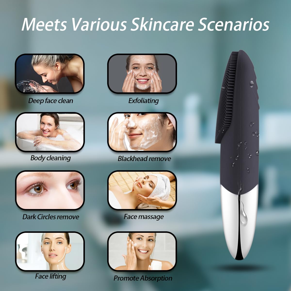 Facial Cleansing Brush, 3-in-1 Electric Silicone Face Scrubber, Vibrating Massager, IPX7 Waterproof, USB Rechargeble Pore Brush