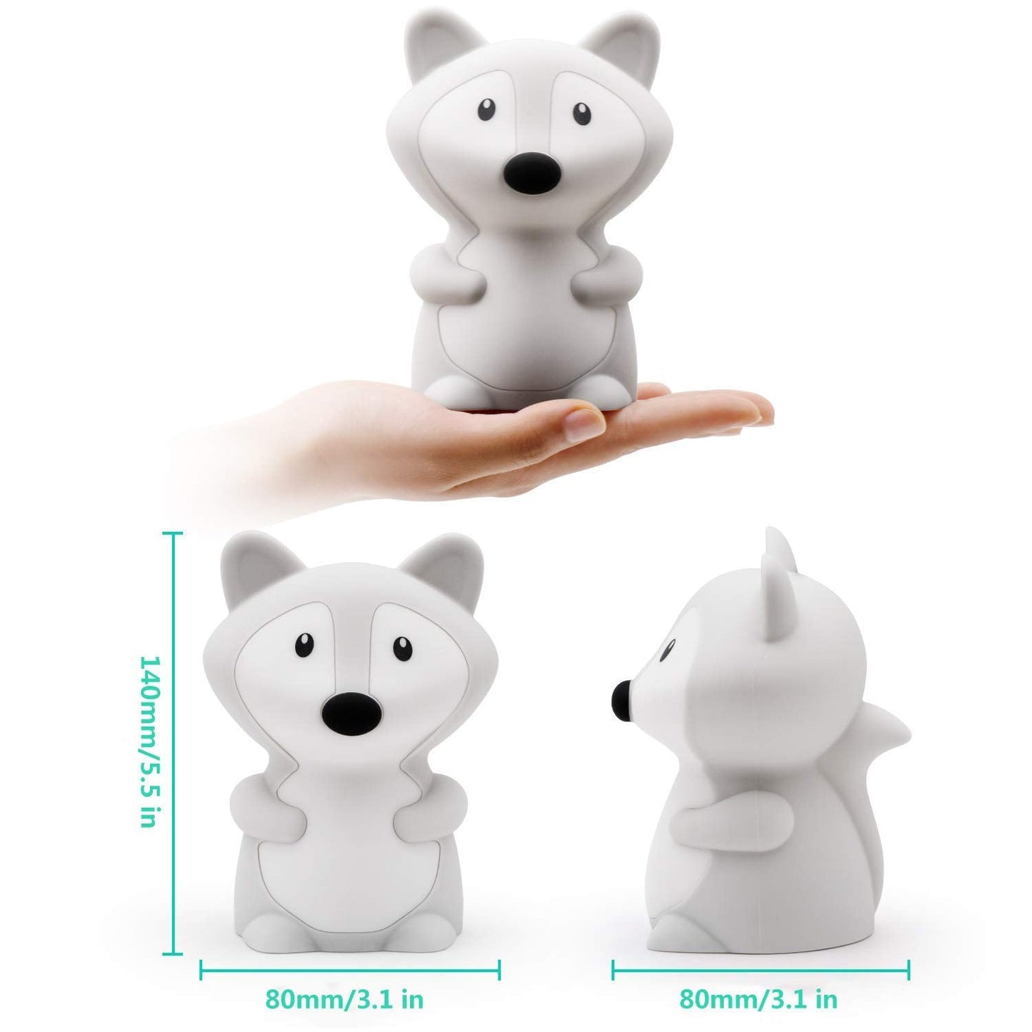 Tianhaixing Fox Kids Night Light, Rechargeable LED Lamp, RGB Colors, Silicone, Model THX8858, White