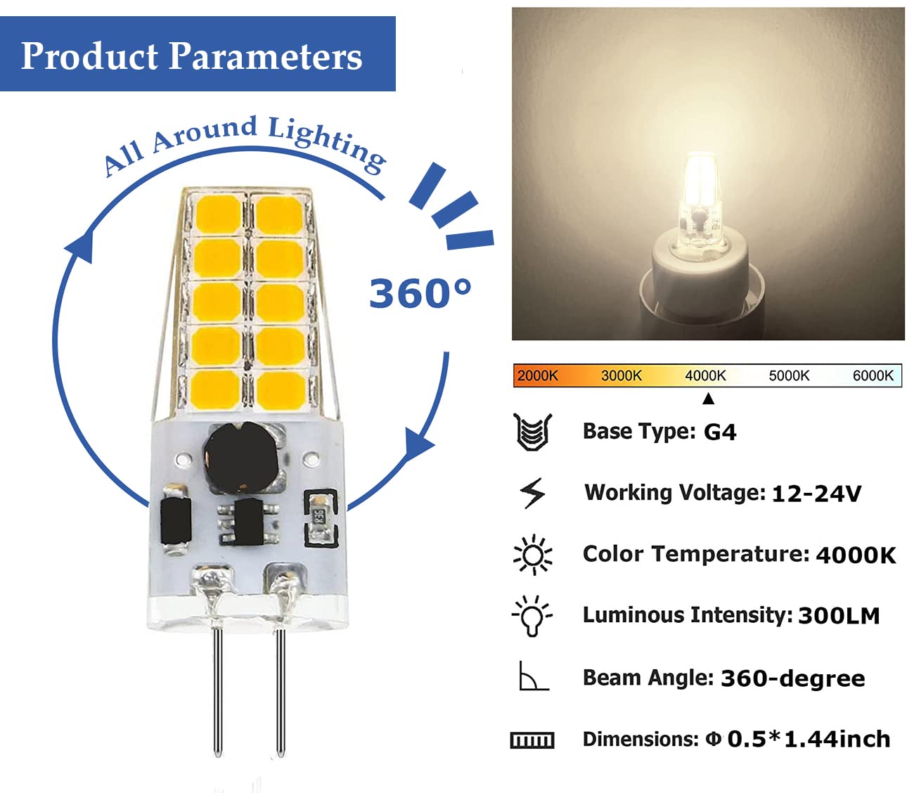 Dimmable G4 Led Bulb 12V 24V Jc Tybe 20-30W T3 G4 Halogen Equivalent 4000K Natural White G4 Bi-Pin Base  300Lm Chandelier Lighting/Landscape Lighting/Microwave Lighting 10Pcs