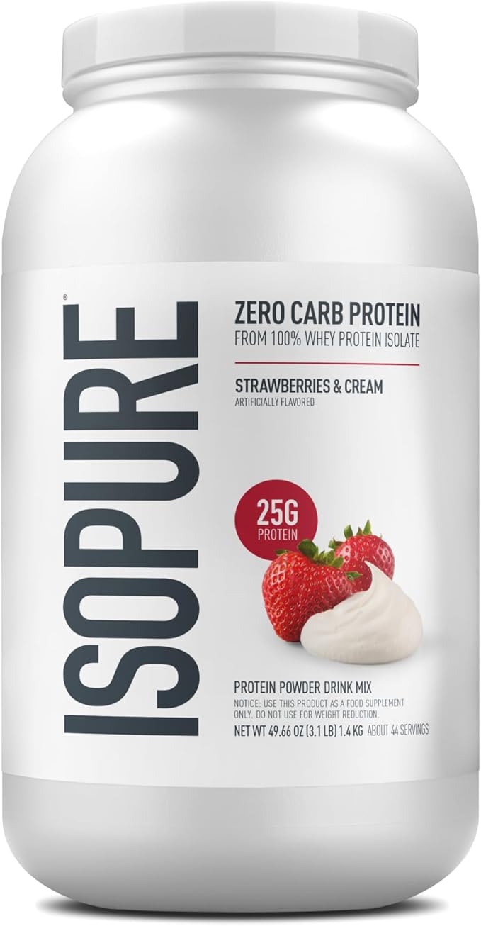 Isopure Zero Carb 100% Pure Whey Isolate Protein Powder, Lactose Free, Gluten Free, With Vitamins, Strawberries & Cream, 25g Protein Per Serving, 3 Lbs, 44 Servings (Packaging May Vary)