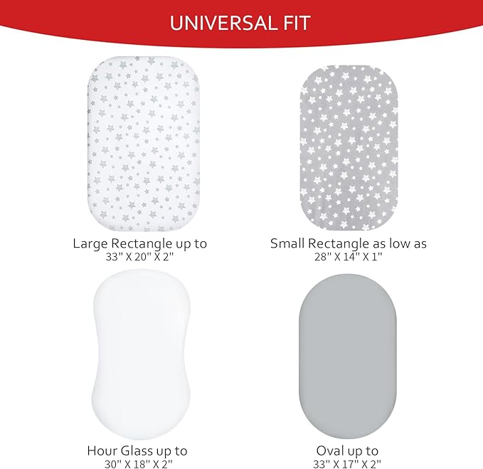 Bassinet Sheets Set 4 Pack for Baby Boy or Girl, Universal Fit for Oval, Hourglass and Rectangular Mattress, Grey
