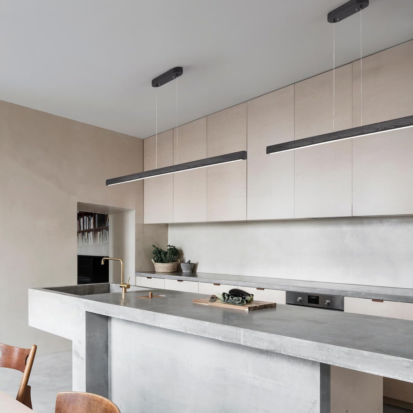 Black Wood Linear Pendant Light - Dimmable Led Chandelier With Remote  Modern Minimalist Lighting For Kitchen Islands  Dining Rooms & Pool Tables (Energy-Efficient 19W)