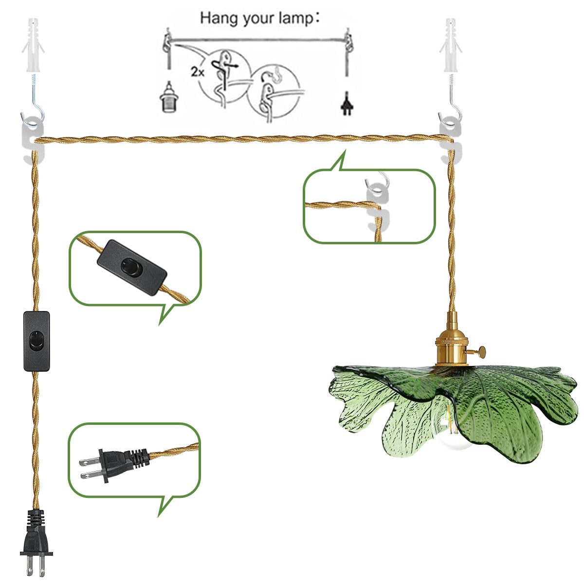 Auwieou Plug In Pendant Light Green Glass Pendant Lighting 14.75Ft Hanging Light With Plug In Cord 1-Light Hand Blown Brass Pendant Light Plug In Hanging Lamp For Kitchen Bedroom Living Dining Room