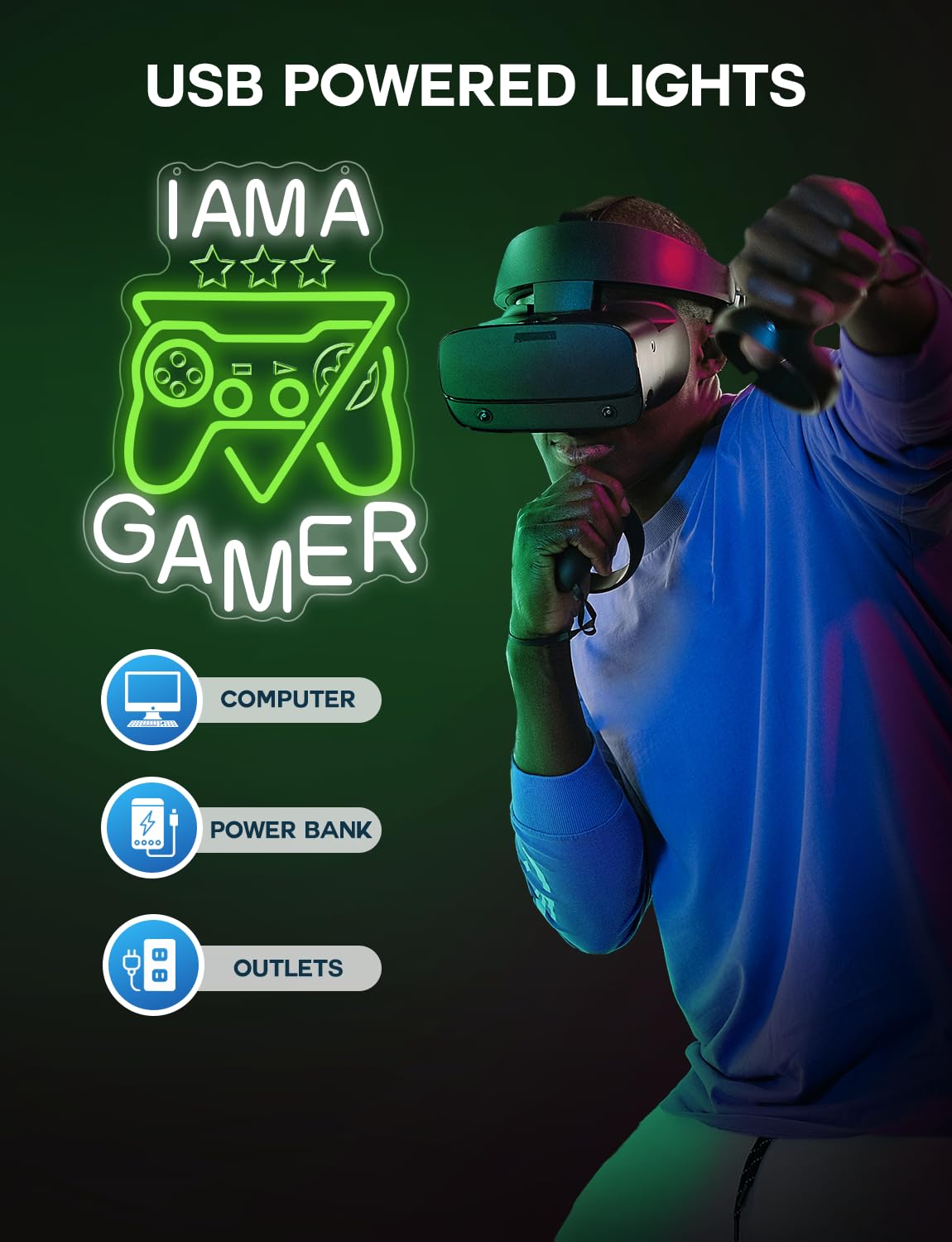 Lumoonosity Gamer Neon Sign - USB Powered LED Light for Gaming Room - 16.54inL x 12.6inW - White Game Controller Night Light