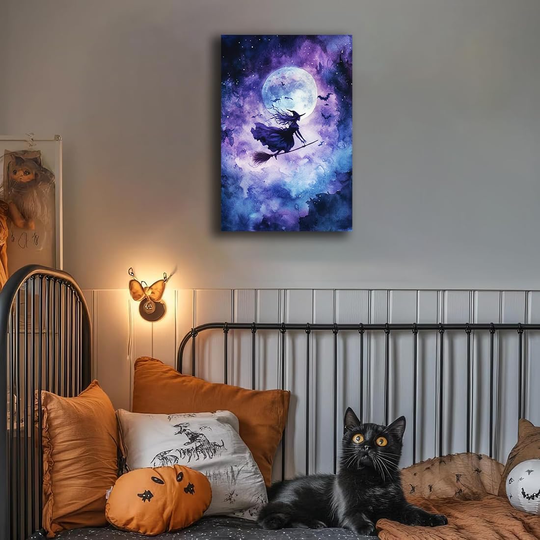 Witch On Broom Flying Wall Art,Gothic Halloween Canvas Wall Art,Victorian Witch Silhouette In Moonlight Broomstick Poster Pictures,Creepy Halloween Purple Night Sky Print,20"x30" Framed