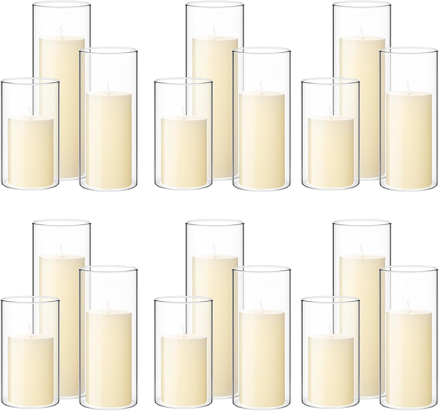 Shihanee 36 Pcs Pillar Candles and Glass Cylinder Vases Tall Cylinder Holders for Pillar Candles Wedding Centerpieces, Total 18 Sets(2.6'' X 4.7'', 5.9'', 7.9'',Clear,Ivory White)