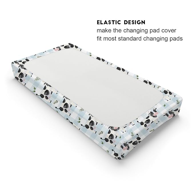 Cow Boho Leaves Changing Pad Covers Spring Farm Animals Leaves Changing Pad Cover Sheets for Boy Girl Cow Plaids Soft Breathable Stretchy Baby Diaper Changing Table Mat Cover 32''x16''
