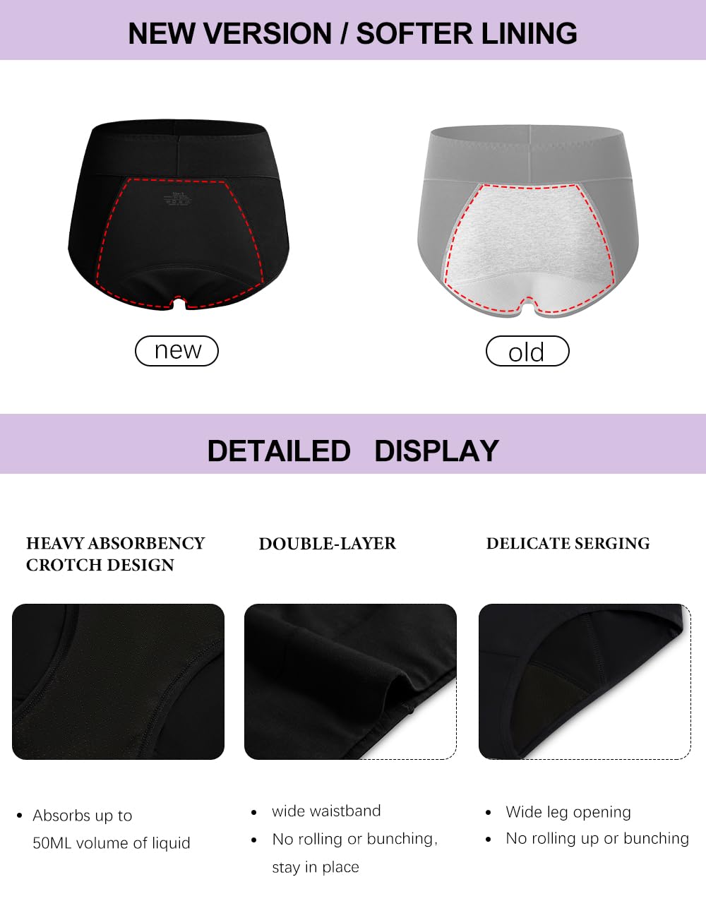POKARLA Women's Incontinence Underwear High Absorbency Period Cotton Underwear Heavy Flow Leakproof Panties Postpartum Menstrual Protective Briefs 3 Pack Black