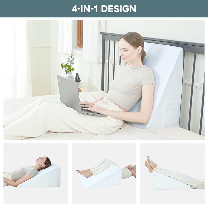 Bed Wedge Pillow, 8" 24" 24" Triangle Pillow Wedge, Cooling Memory Foam Top, Elevated Support Wedge Pillow for Relieving Acid Reflux, Heartburn, Snoring and GERD