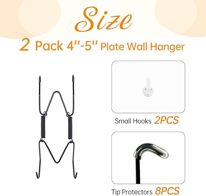 2 Pack Plate Hangers for The Wall, Suitable for 4-5 inch Art Plate, Stainless Steel Invisible Heavy Duty Wire Plate Holder with Wall Hooks, Plate Hangers for Displaying Plates, Platter, Dish, Black