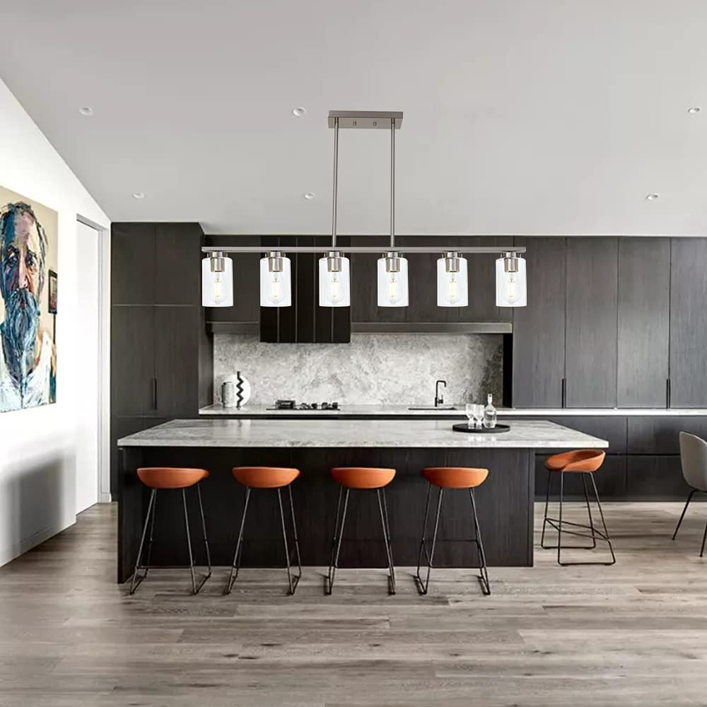 Todoluz 6-Light Kitchen Island Lighting With Clear Glass Shades  Modern Linear Pendant Light Fixture For Dining Room Pool Table  Brushed Nickel Finish