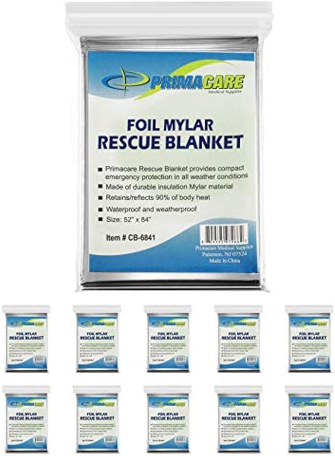 Primacare HB-10 Emergency Mylar Thermal Blankets – 10 Pack, 84" x 52", Silver – Reflective, Waterproof, Retains 90% Body H...