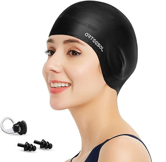 Silicone 3D Ear Protection Swim Cap - Latex-Free Non-Slip Waterproof for Long Hair/Thin Braids, Chlorine Resistant Tear-Re...