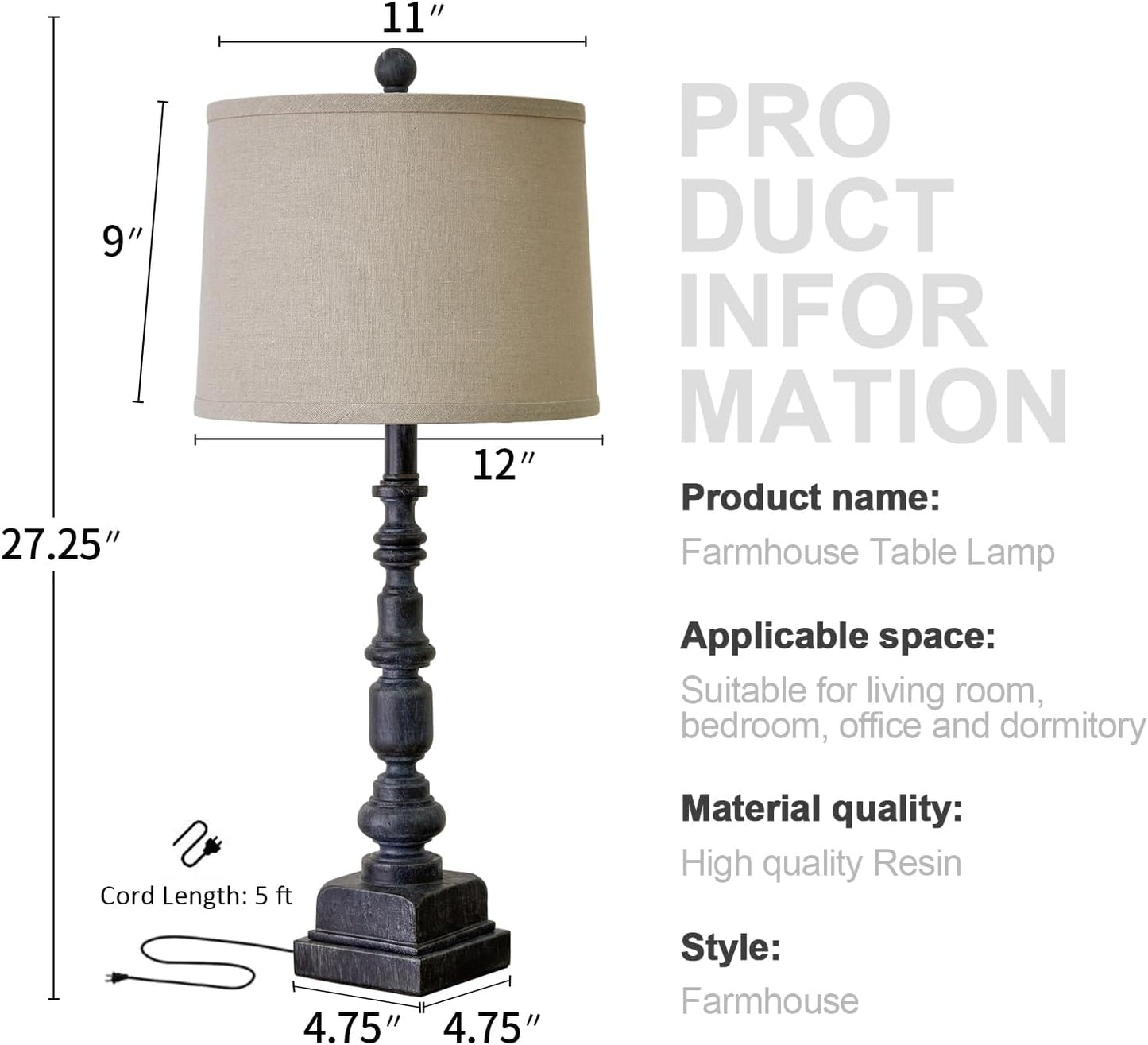 Oneach 27.75” Vintage Farmhouse USB A+C Table Lamps Set of 2 for Living Room Bedroom Traditional Bedside Nightstand Lamp Retro Resin Lamps Linen Shade Nightstand Home Office Antique Black Accent