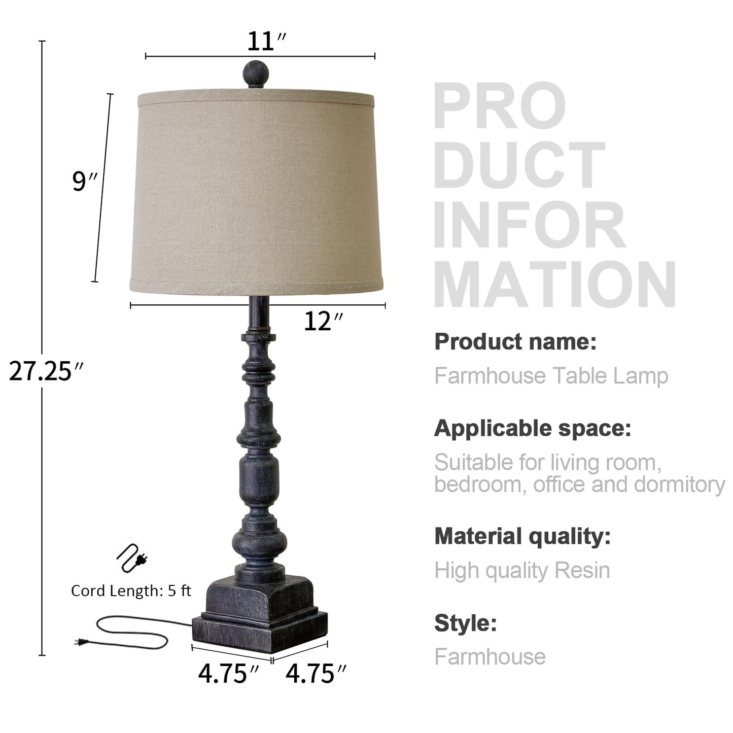 Oneach Vintage Farmhouse Usb Table Lamps Set Of 2, 27.75”, Antique Black Resin, Traditional Nightstand Lighting For Living Room & Bedroom