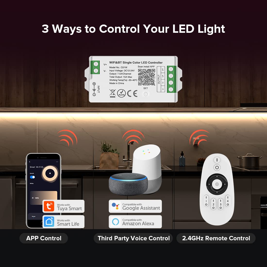 Sezo Wifi Bluetooth Led Strip Controller M1C01W - Single Color, Group Control, Tuya Smart Life App Compatible, Dc12-24V
