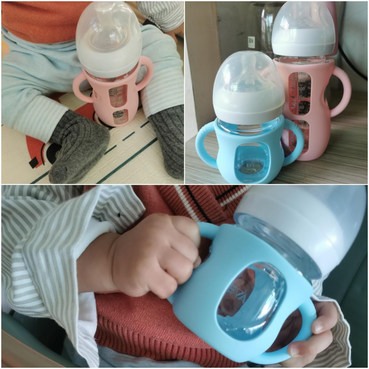 Frezonika 4 Pack Silicone Sleeves for Avent Natural Glass Baby Bottles, Silicone and Easy-Grip Handles for Drop Protection, Compatible with Philips Avent 4/8 OZ Glass Bottle (Light Blue, 8 OZ)