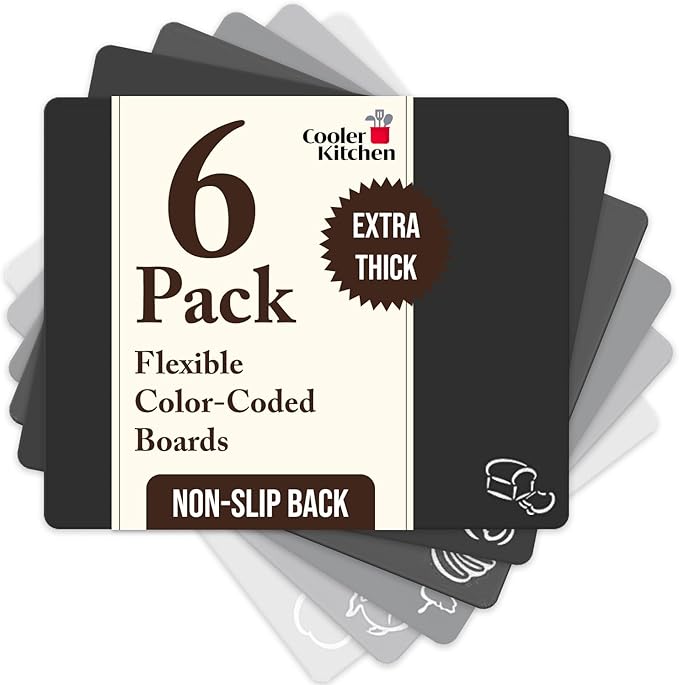Cooler Kitchen Extra Thick Flexible Plastic Cutting Board Mats with Food Icons & EZ-Grip Waffle Back, (Set of 6) Dishwasher Safe
