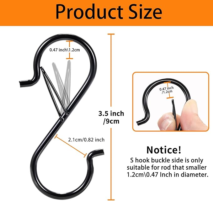 12 PCS S Hooks for Hanging with Safety Buckle, 3.5 inch Heavy Duty Metal S Shaped Hooks for Kitchen Utensil, Cups, Pots, Plants, Bags, Hats (Black)
