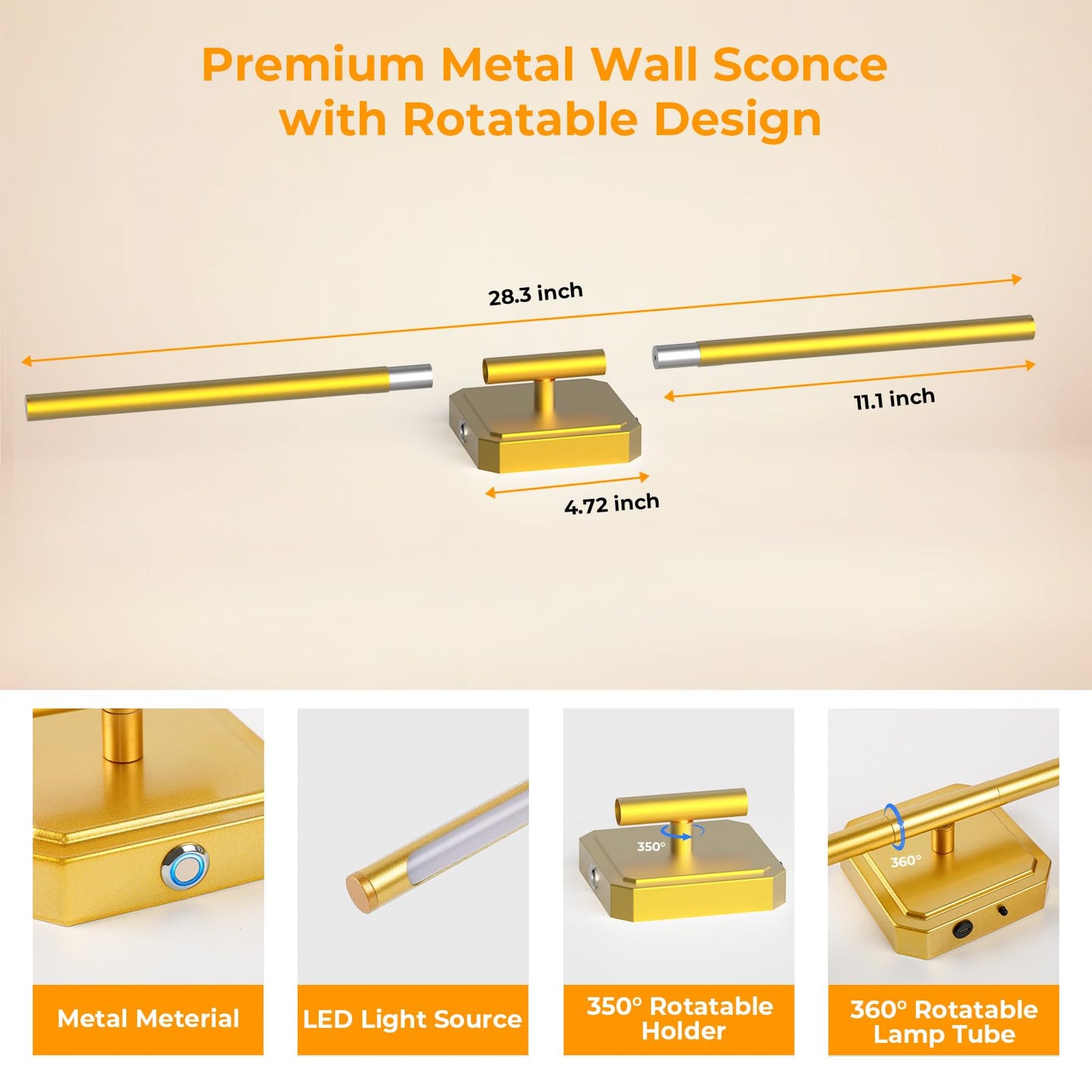 GvvooHome Battery Operated Wall Sconces Set of 2, 360° Rotate, Dimmable, Rechargeable, 28in Gold, Model HCP042