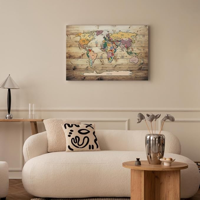 artgeist Acoustic Canvas Wall Art Print World Map 35x24 in - 1pcs Picture with Acoustic Foam Sound Print Artwork Room Acoustics Soundproofing World Travel Map Wood k-B-0009-b-b