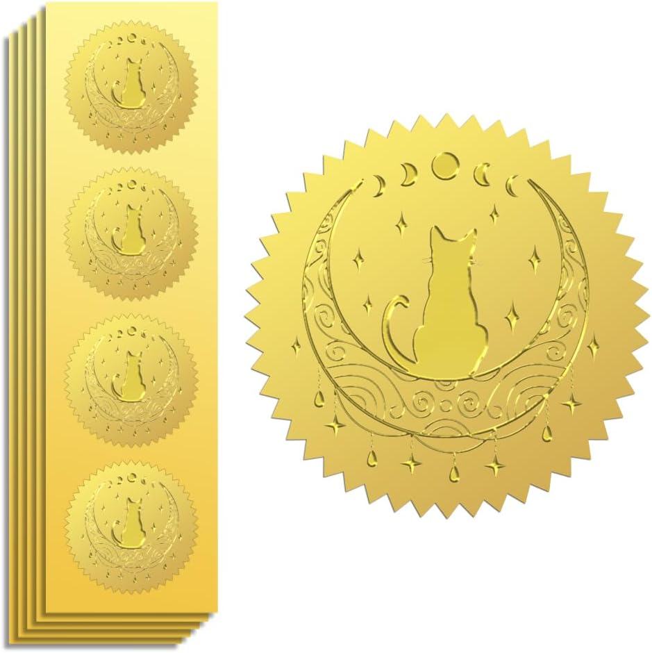 Peacoblue Gold Foil Sticker Seal Embossed 2 Inch 100Pcs Moon and Cat, Self Adhesive Gold Around Embossing Sticker for Invitation Certificate Envelope Seal Gift Card Decoration