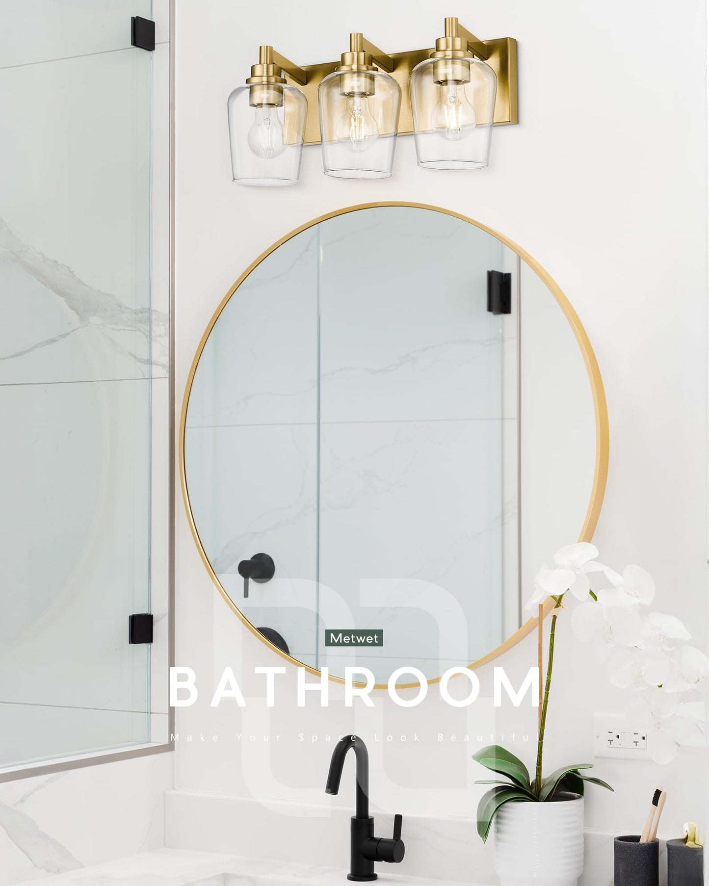 Metwet Bathroom Light Fixtures  3-Light Modern Vanity Light With Clear Glass Wine Glass-Shaped Shade  Vanity Lighting Fixtures Over Mirror  Brushed Gold  Vl155-Bg-3