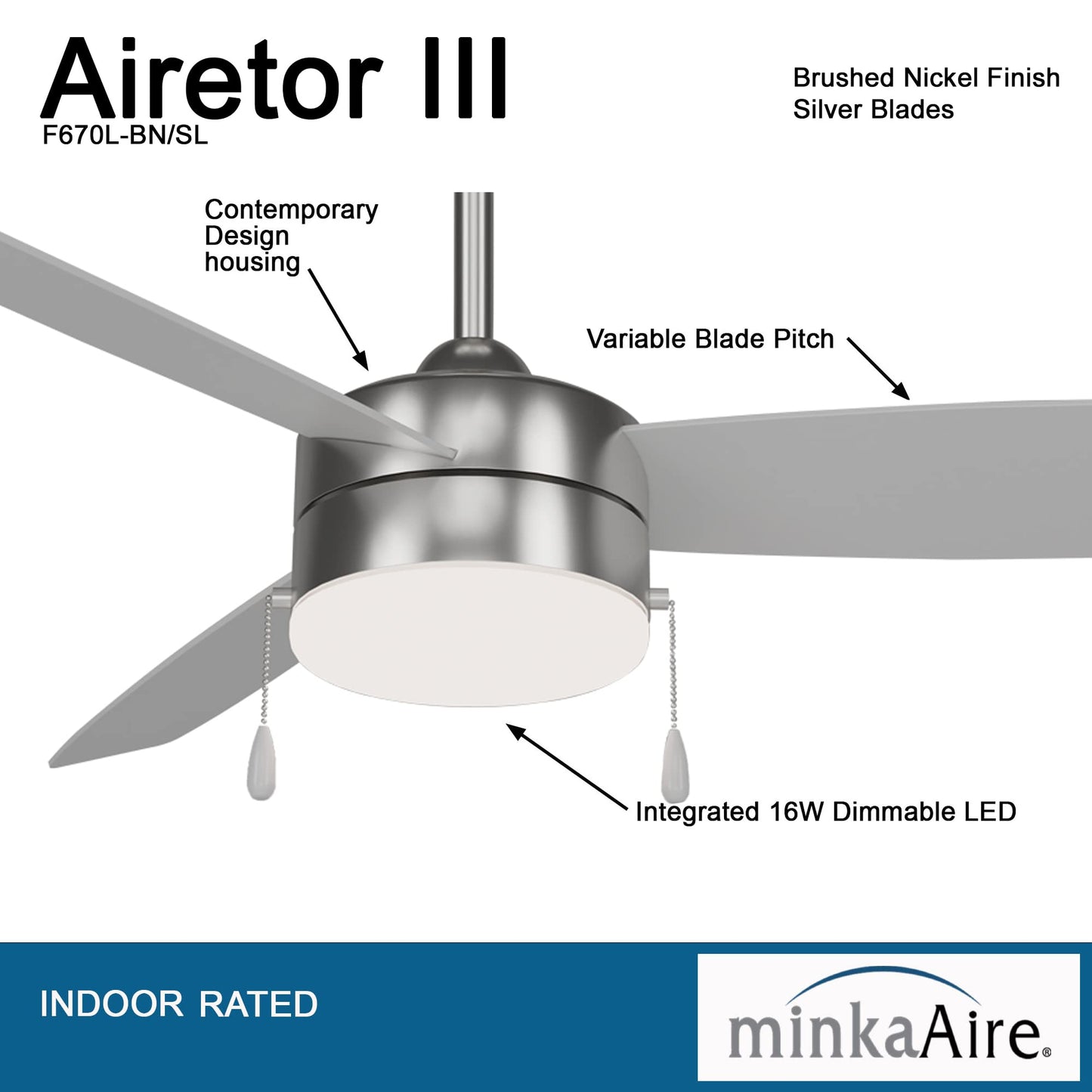 Minka-Aire F670L-Bn/Sl Airetor Iii 54 Ceiling Fan With Led Light And Pull Chain In Brushed Nickel Finish