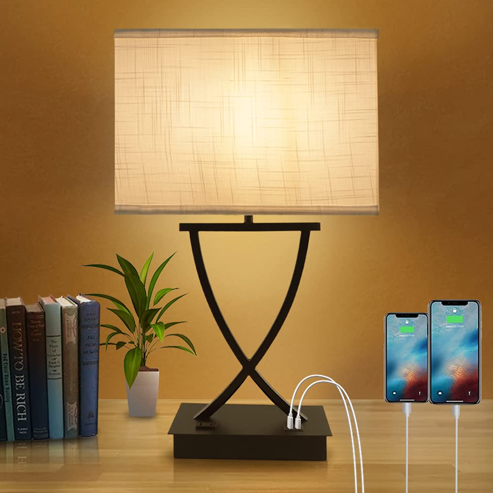 OYedis 3-Way Dimmable Touch Control Table Lamp with USB Charging Port, AC Outlet, 21.38in, Flat Black, Model T002