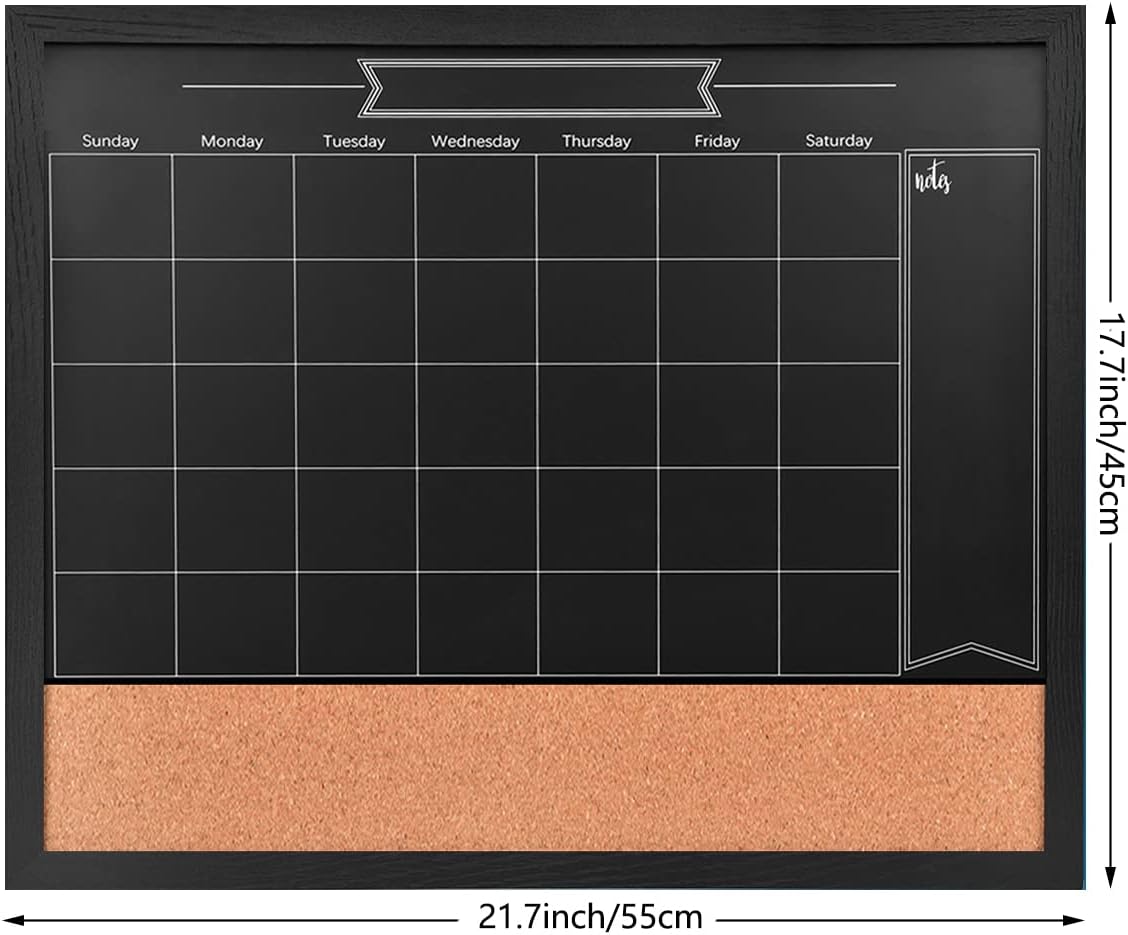 TORASO Magnetic Chalkboard Calendar Corkboard, 18" x 22" Combination Chalk Board Bulletin Board, Black Wood Framed Blackboard Calendar Cork Combo Board(ZHHB-BK-4555)