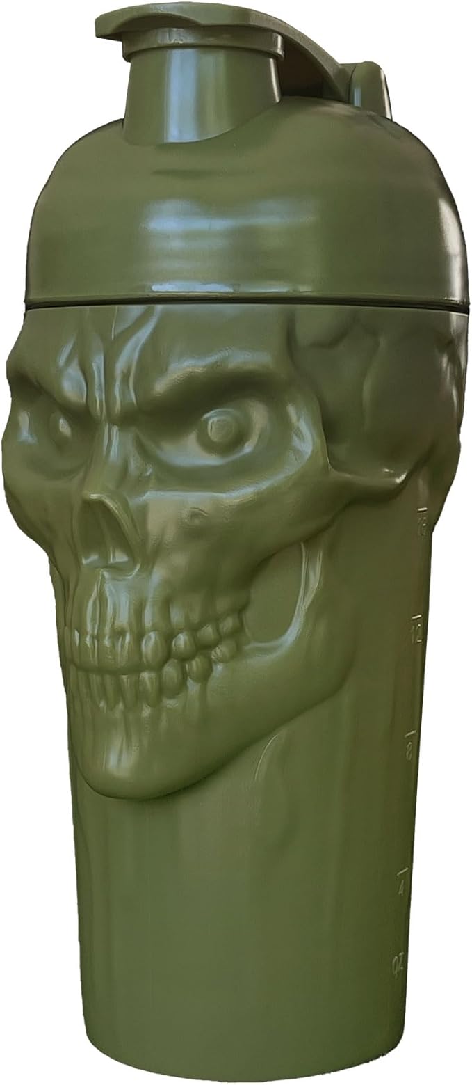 JNX SPORTS The Curse! Skull Shaker Bottle, 24-Ounce, Military Green Limited Edition, Supplement Mixer with Classic Loop Top …