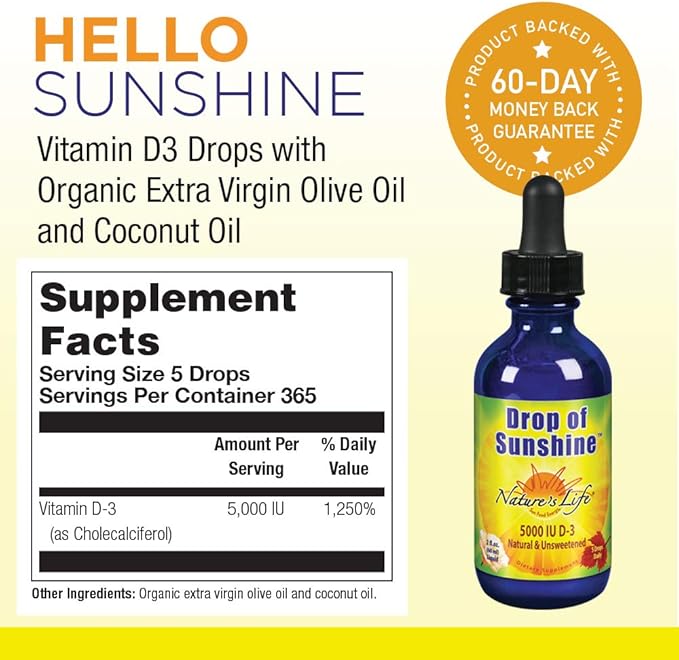 Nature's Life Drop of Sunshine Vitamin D-3 Drops in Organic Extra Virgin Olive Oil & Coconut Oil 5000IU | Supports Strong Bones & Immune System | 2 oz