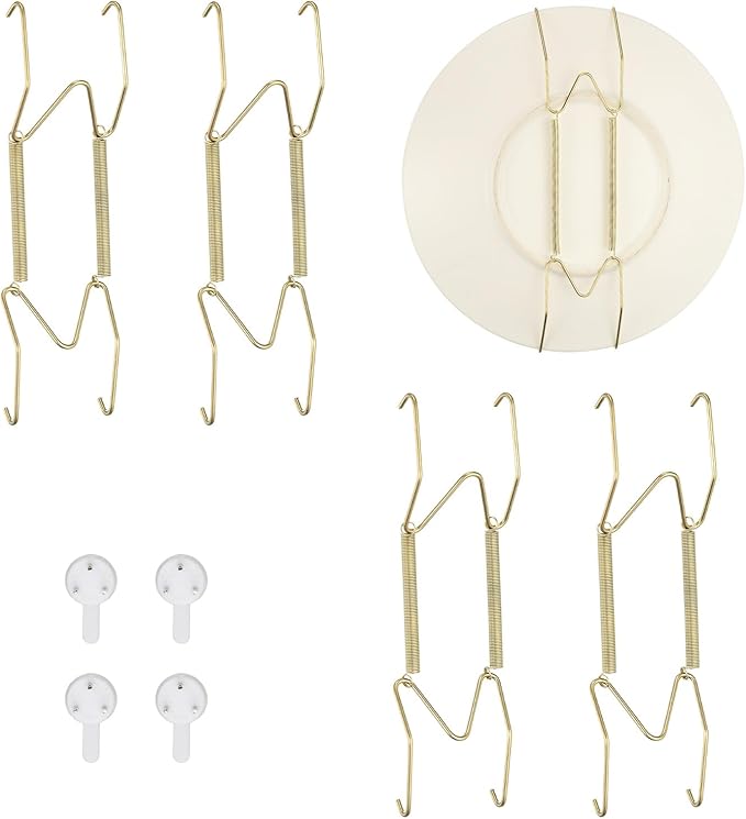 uxcell 4pcs Plate Hangers for The Wall, 6 Inches Stainless Steel Wire Plate Holders with Traceless Nail Displaying Plates Dish DIY Craft, Golden