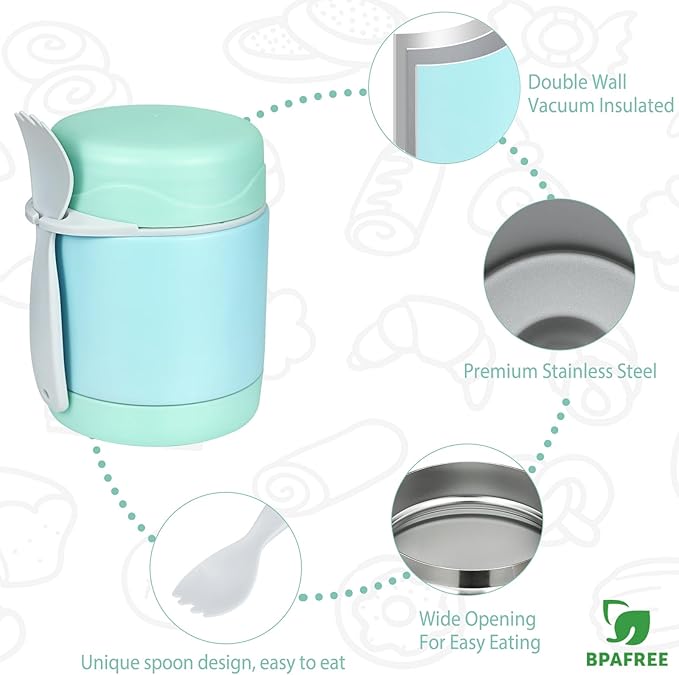 Soup Thermo for Kids - 10oz Insulated Food Jar with Spoon, Leak Proof Stainless Steel Wide Mouth Lunch Thermo Jar for School (Mint-Green)