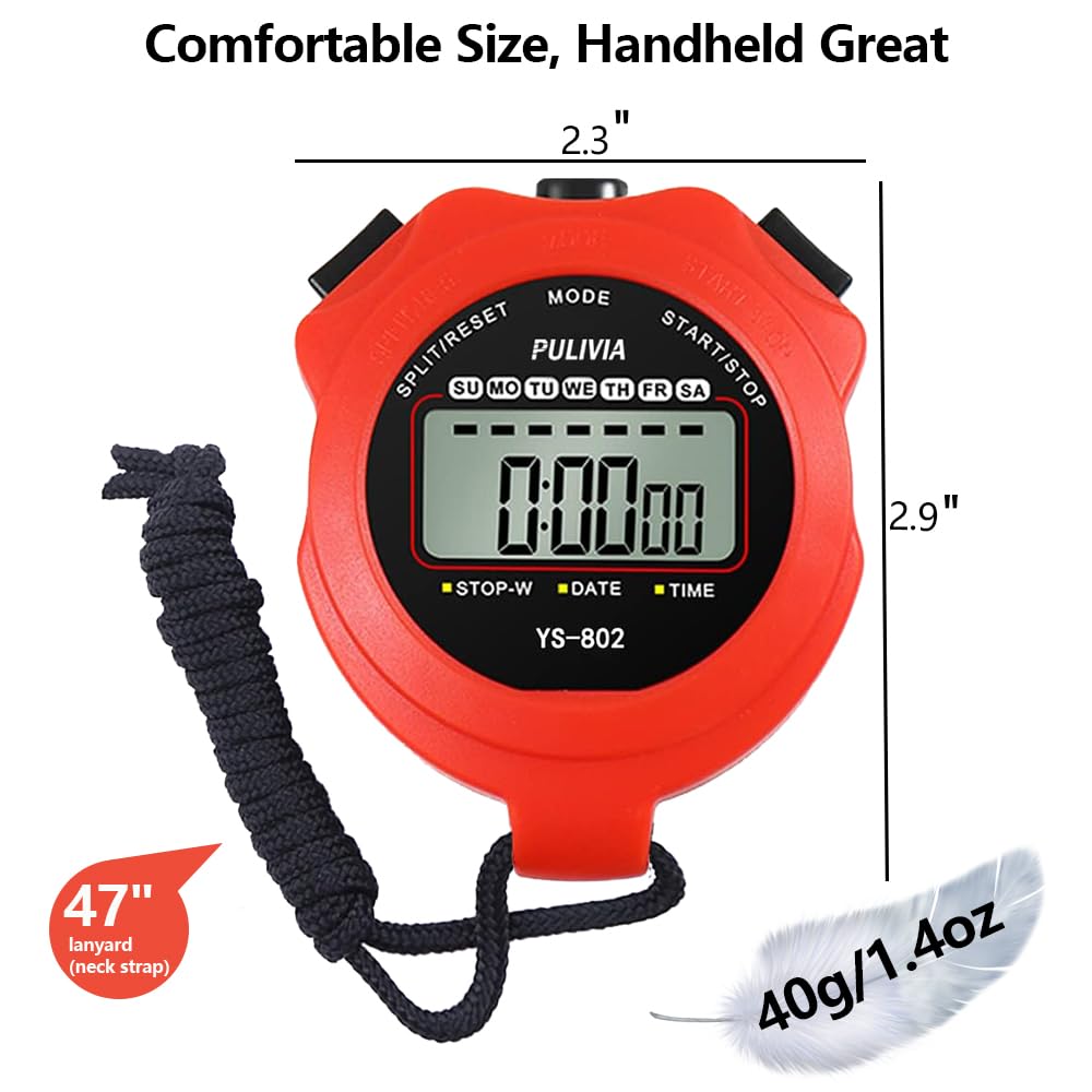 PULIVIA Sports Stopwatch Timer Single Lap Split Digital Stop Watch for Sports Kids Coaches Swimming Running, Red