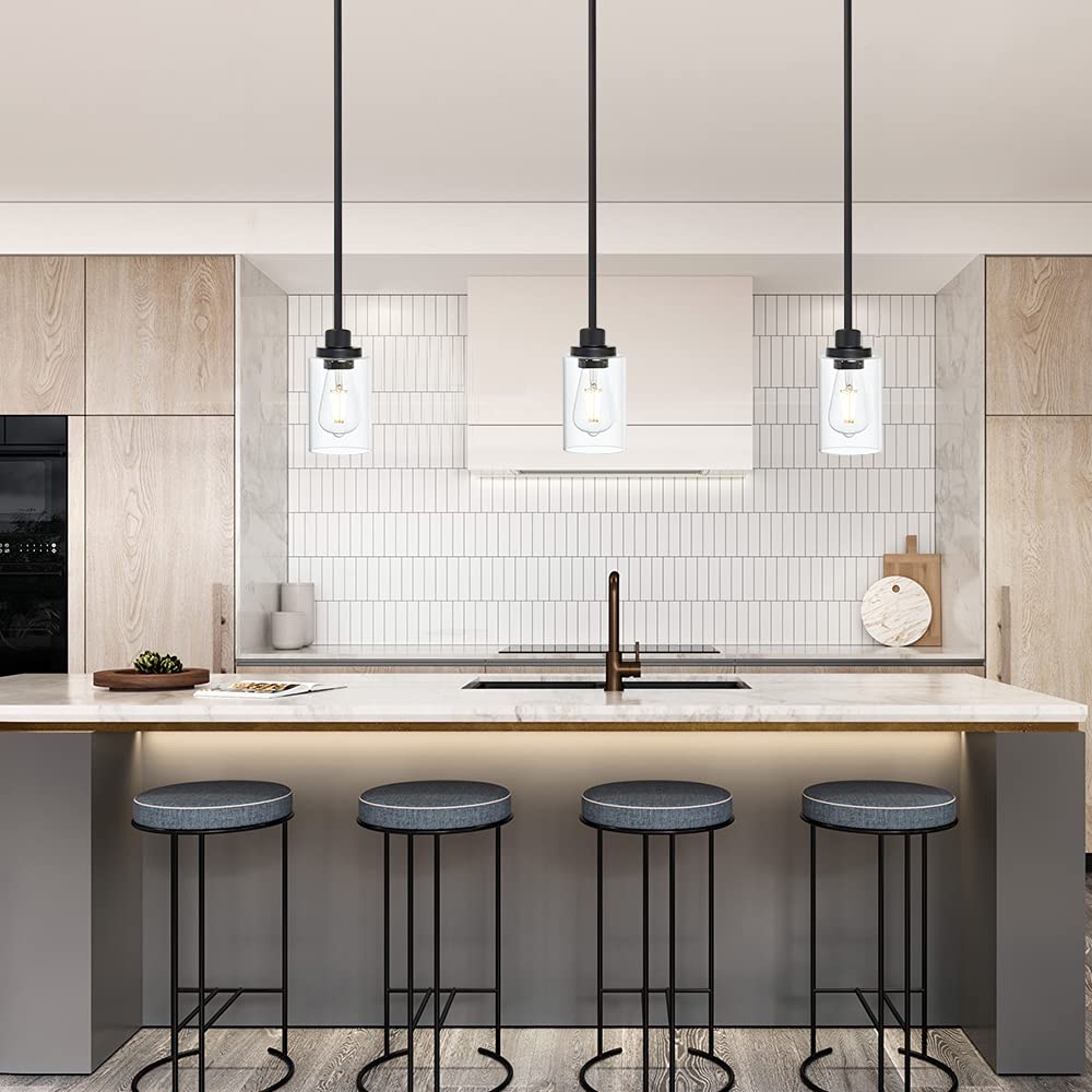 TODOLUZ Black Industrial Pendant Light Fixture, 1-Light Metal with Clear Glass Cylinder Shade for Kitchen and Dining Room