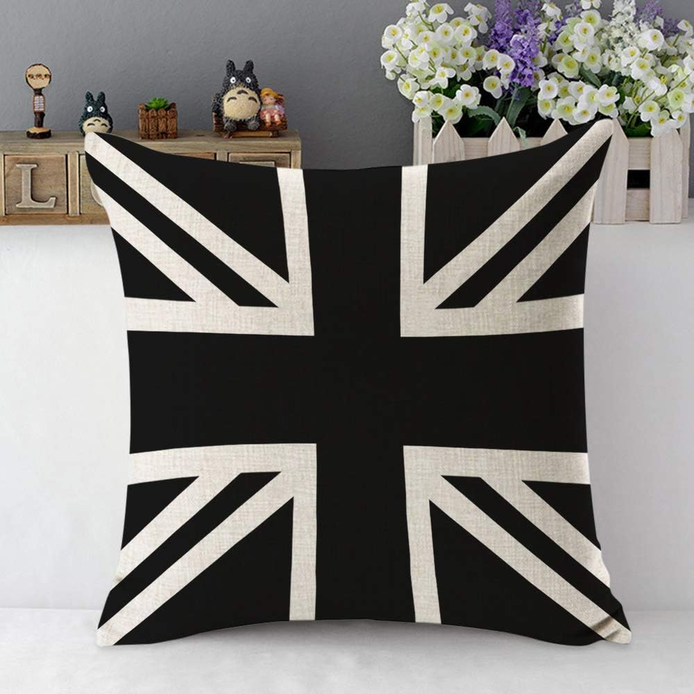 Mugod Union Jack Throw Pillow United Kingdom Flag Geometric Pattern Black and White Cotton Linen Square Cushion Cover Standard Pillowcase 18x18 Inch for Home Decorative Bedroom/Living Room/Car