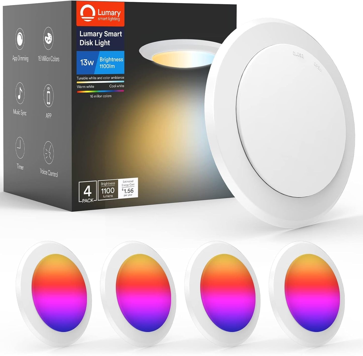 Lumary 13W Smart Flush Mount Ceiling Lights 5/6 Inch  Rgbww Wifi Led Disk Light  Color Changing 2700-6500K Dimmable Recessed Lighting  Surface Mount  Compatible With Alexa/Google Assistant-4Pack
