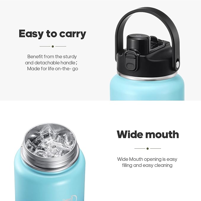 Half Gallon Insulated Water Bottle with 2-in-1 Lid (Chug Lid/Straw Lid), 40/64oz Double Walled Vacuum Stainless Steel Water Bottles, Water Jug with Straw