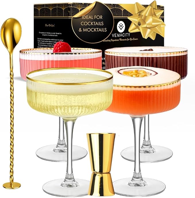 VEMACITY - Ribbed Espresso Martini Glasses Set of 4 with Gold Rims - Vintage Cocktail Glasses for Margaritas, Champagne an...