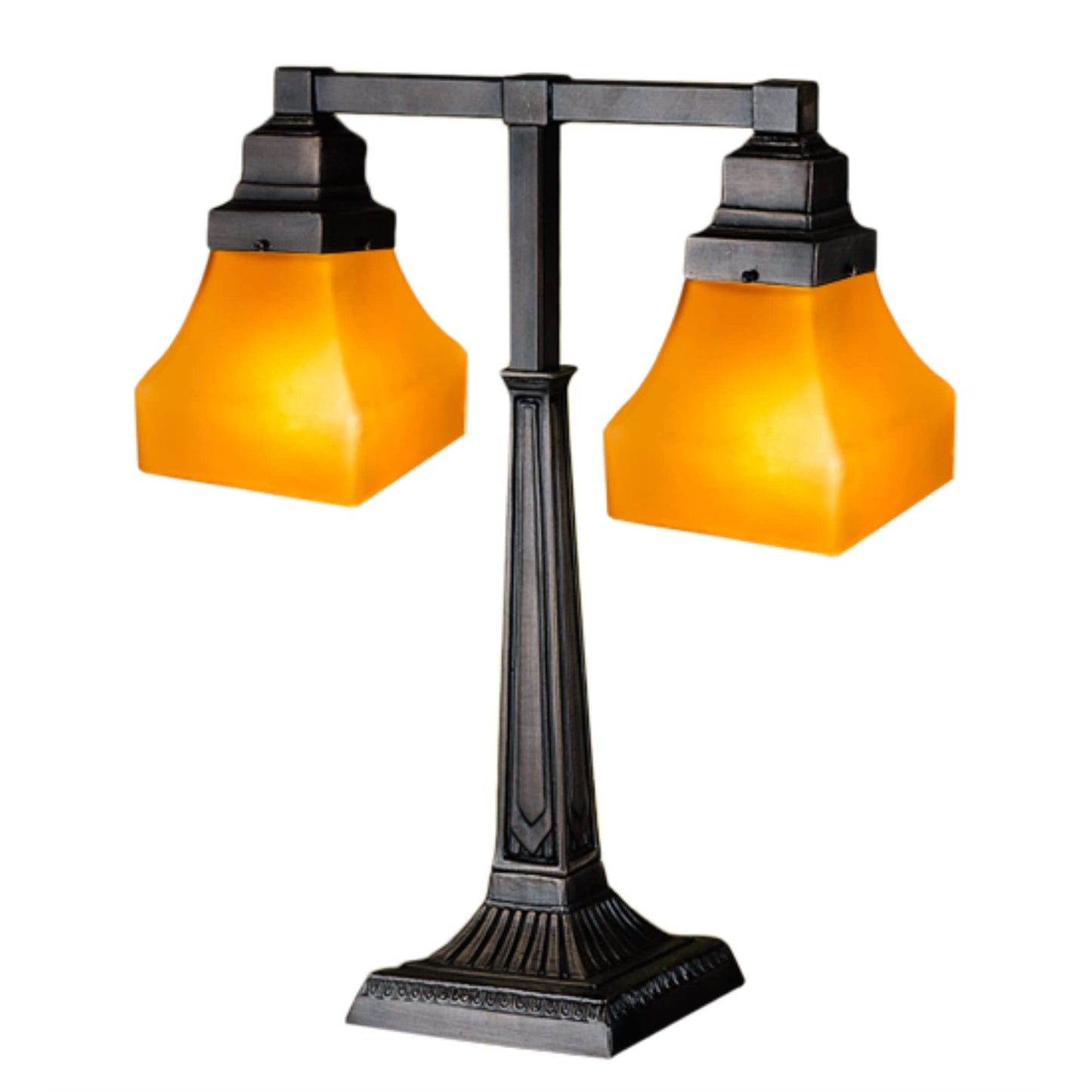 Meyda Tiffany 2 Arm Desk Lamp 20inH Frosted Amber Metal Bronze Model 111803