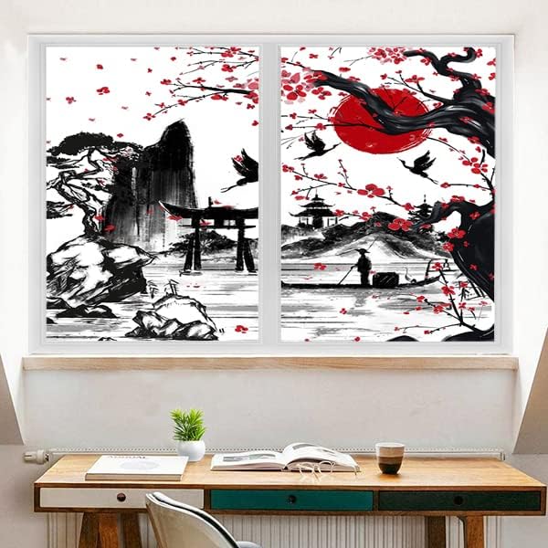 Vintage Japanese Style Decorative Window Film Abstract Ink Japanese Landscape Torii Gatekids Blackout Window Film,Cafe Lighted Window Film 23.6Wx35.4L-Inch X2Pcs