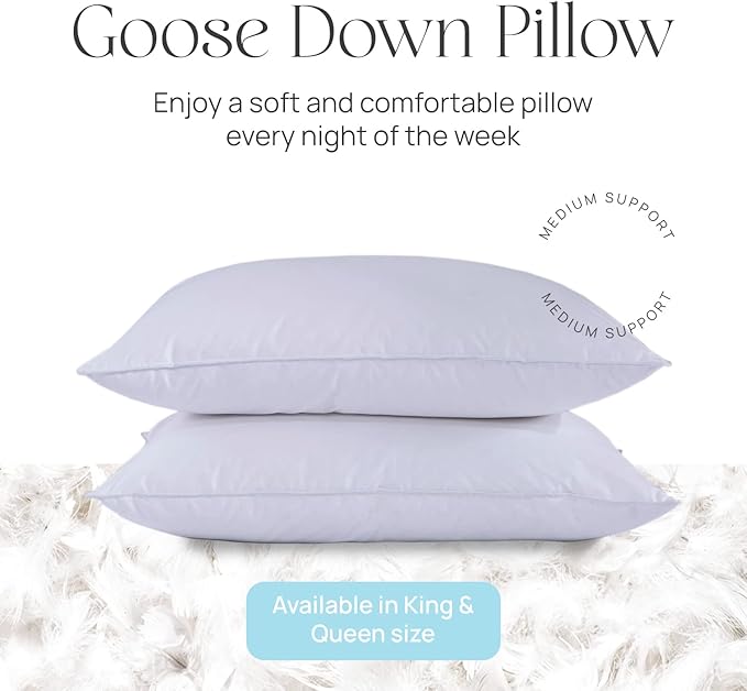 East Coast Bedding Pure Dream Firm Pillow - Queen Pillow Medium Support, Queen Size 20x30 Inch Goose Feather Down Pillows, 100% Cotton Shell, Set of 2