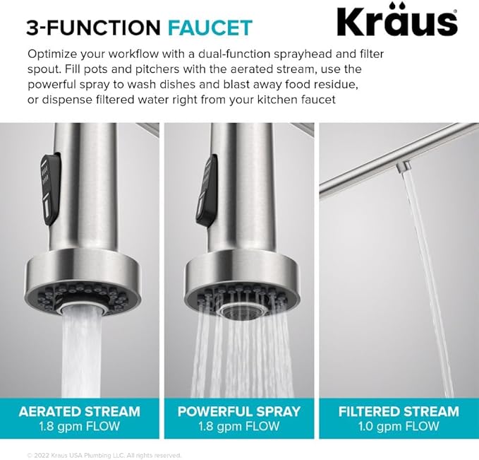 KRAUS Bolden 2-in-1 Commercial Style Pull-Down Single Handle Water Filter Kitchen Faucet for Reverse Osmosis or Water Filtration System in Spot-Free Stainless Steel/Matte Black, KFF-1610SFSMB