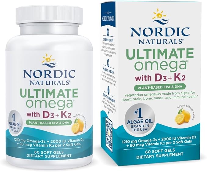 Nordic Naturals Ultimate Omega Plant Based Vitamin with Vitamin D3+K2-60 Vegetarian Soft Gels - 1210 mg Omega-3s Plus 2000 IU D3 and 90 mcg K2 - Promotes Brain Health - Non GMO - 30 Servings