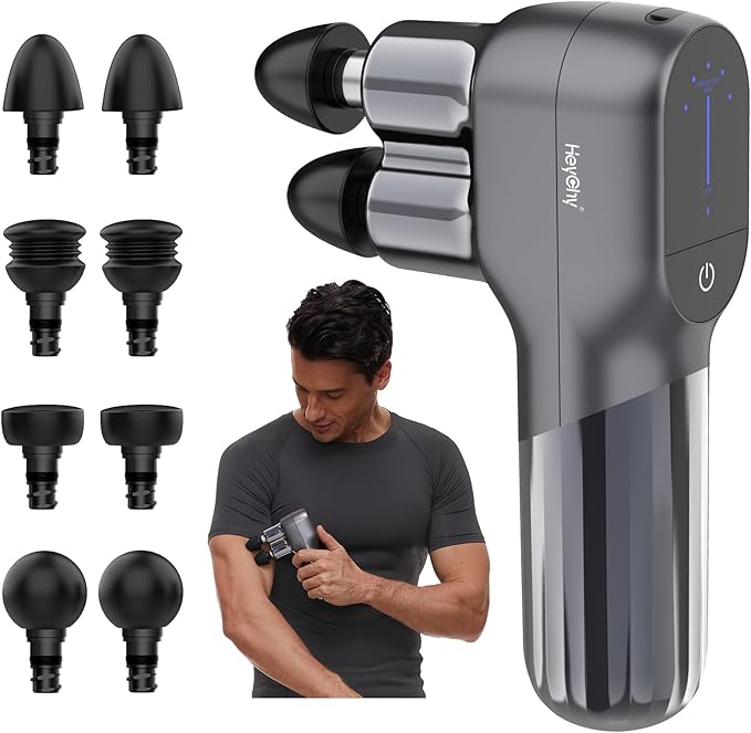 HEYCHY Mini Massage Gun - Deep Tissue Percussion Massager with Dual Heads, 5 Speed Levels & 4 Attachments, Portable Handhe...
