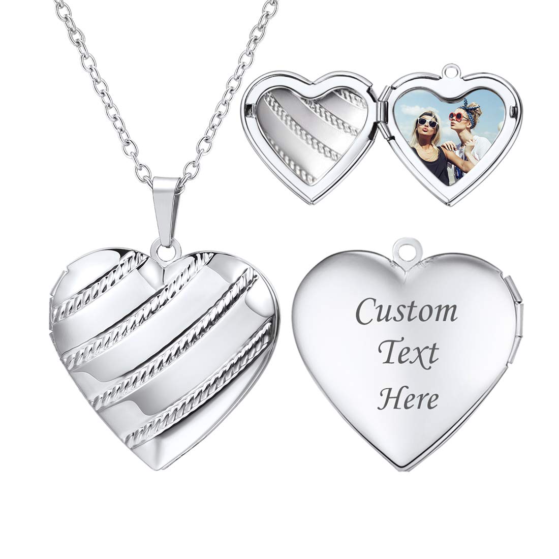 U7 Platinum Stripe Memorial Photo Locket Necklace for Women, Heart Pendant with Picture or Urn Ashes Compartment, Hypoallergenic