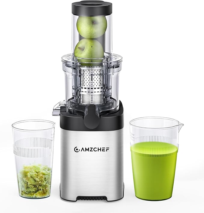AMZCHEF Cold Press Juicer, Juicers Machines - 3.2" Large Feed Chute for Whole Fruits & Vegetables, Stainless Steel Slow Masticating Juice Easy to Clean, Large Auger, Double Strainers